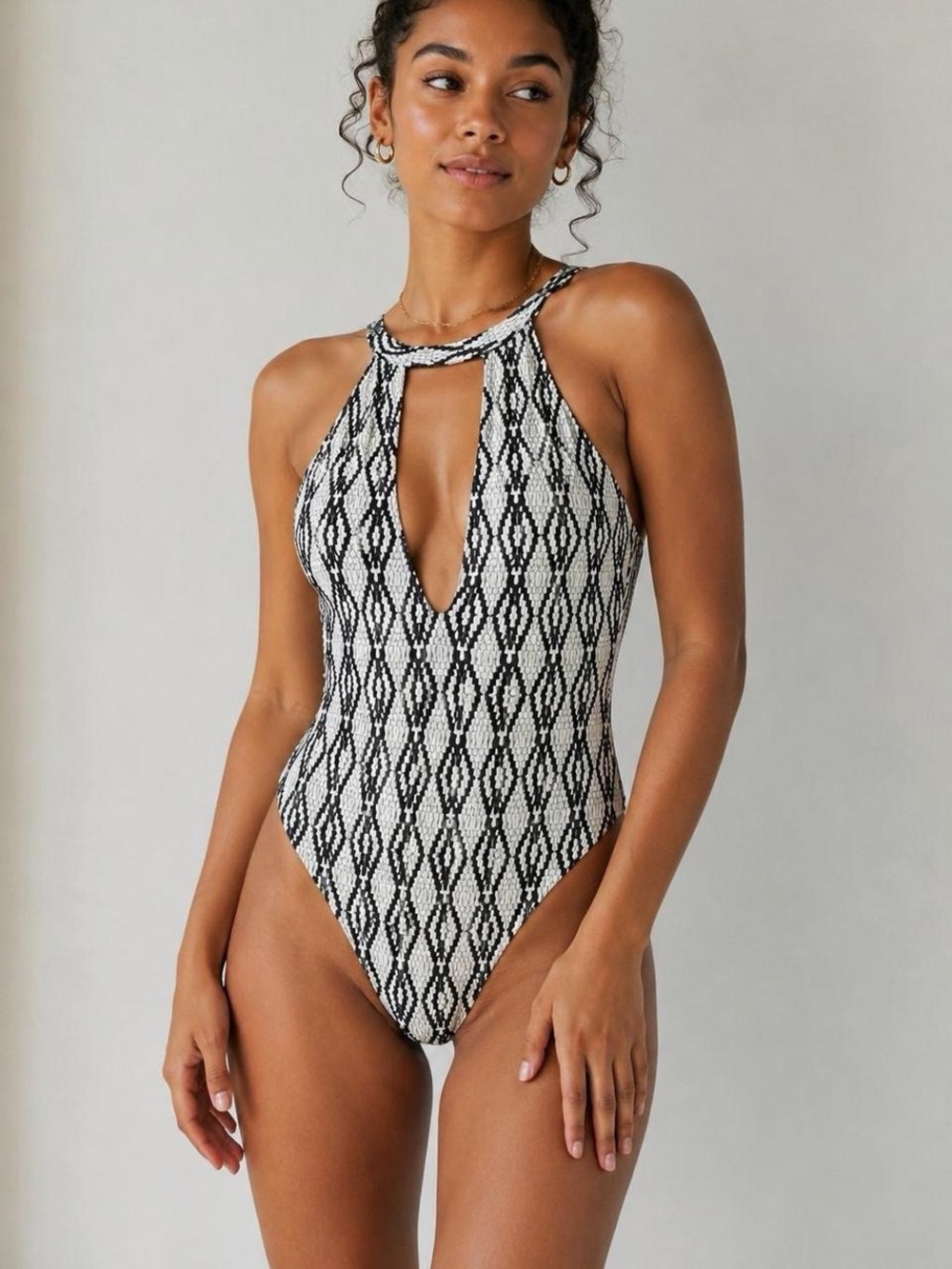 TiniBikini Black & White Halter One-Piece with Plunging Keyhole